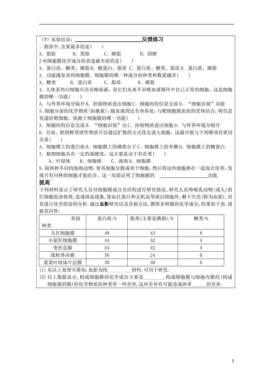 高中生物 3.1《细胞膜——系统的边界》学案7 新人教版必修1_第2页