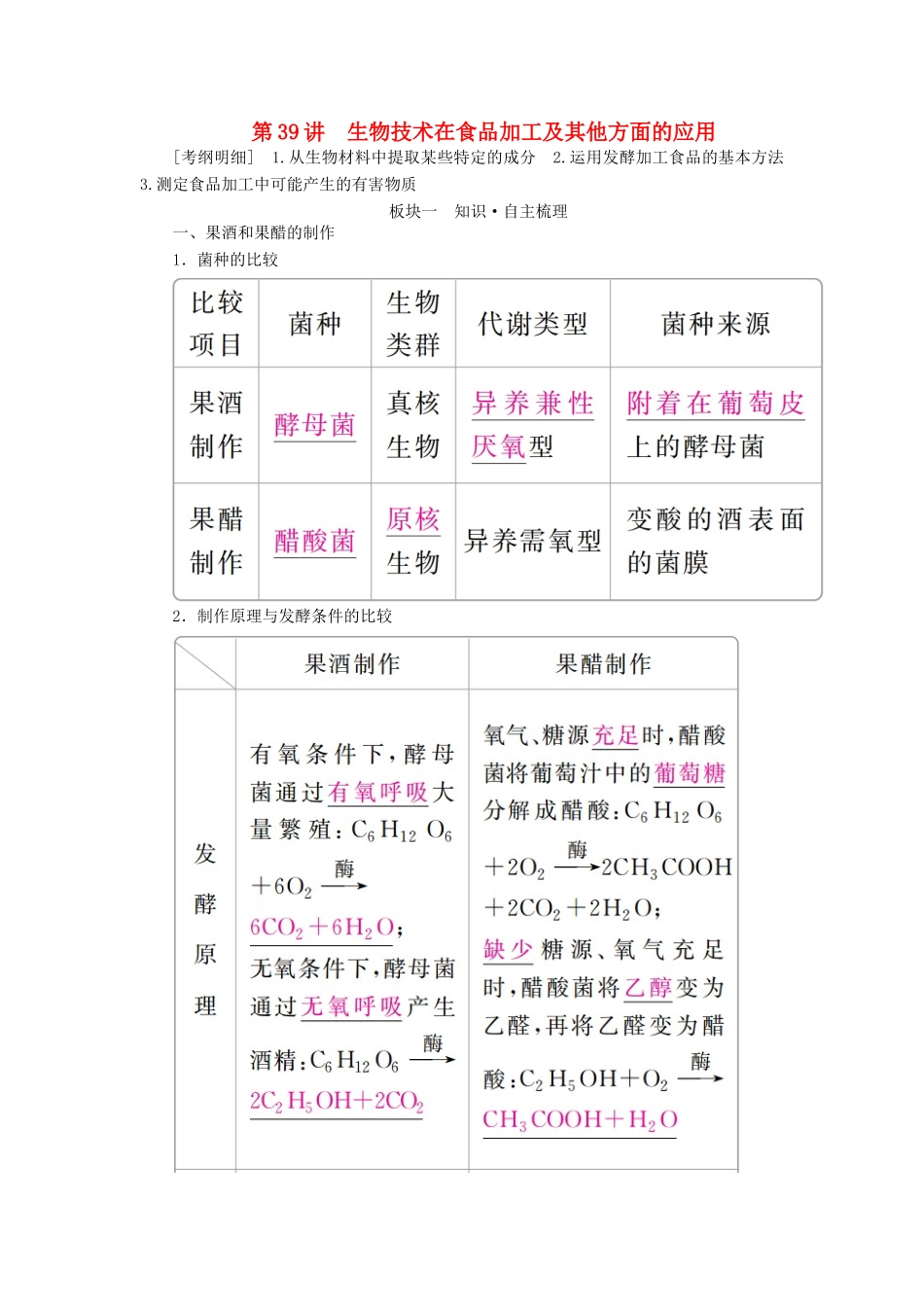 （全国版）高考生物一轮复习 第39讲 生物技术在食品加工及其他方面的应用培优学案-人教版高三全册生物学案_第1页