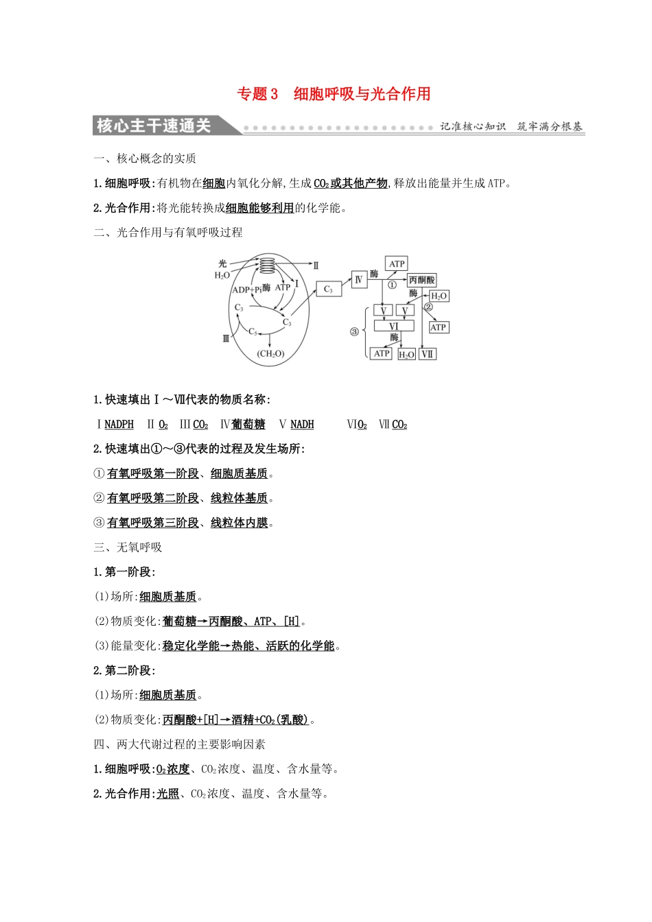 高考生物二轮复习 专题三 细胞呼吸与光合作用自查学案-人教版高三全册生物学案_第1页
