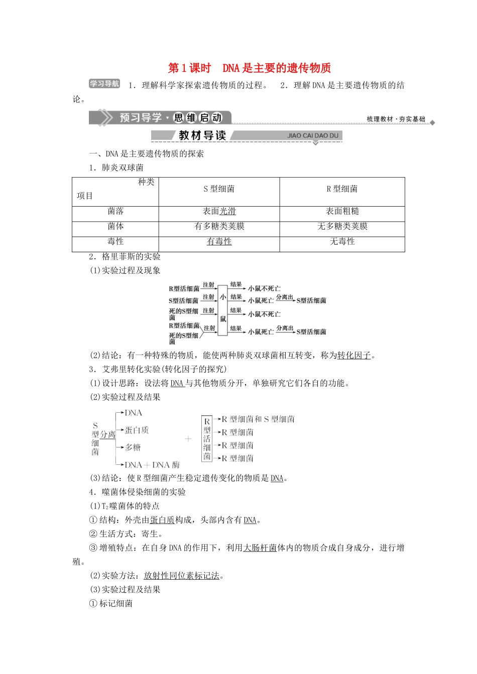 高中生物 第2章 遗传信息传递的结构基础 第2节 DNA贮存遗传信息 第1课时 DNA是主要的遗传物质学案 北师大版必修2-北师大版高一必修2生物学案_第1页