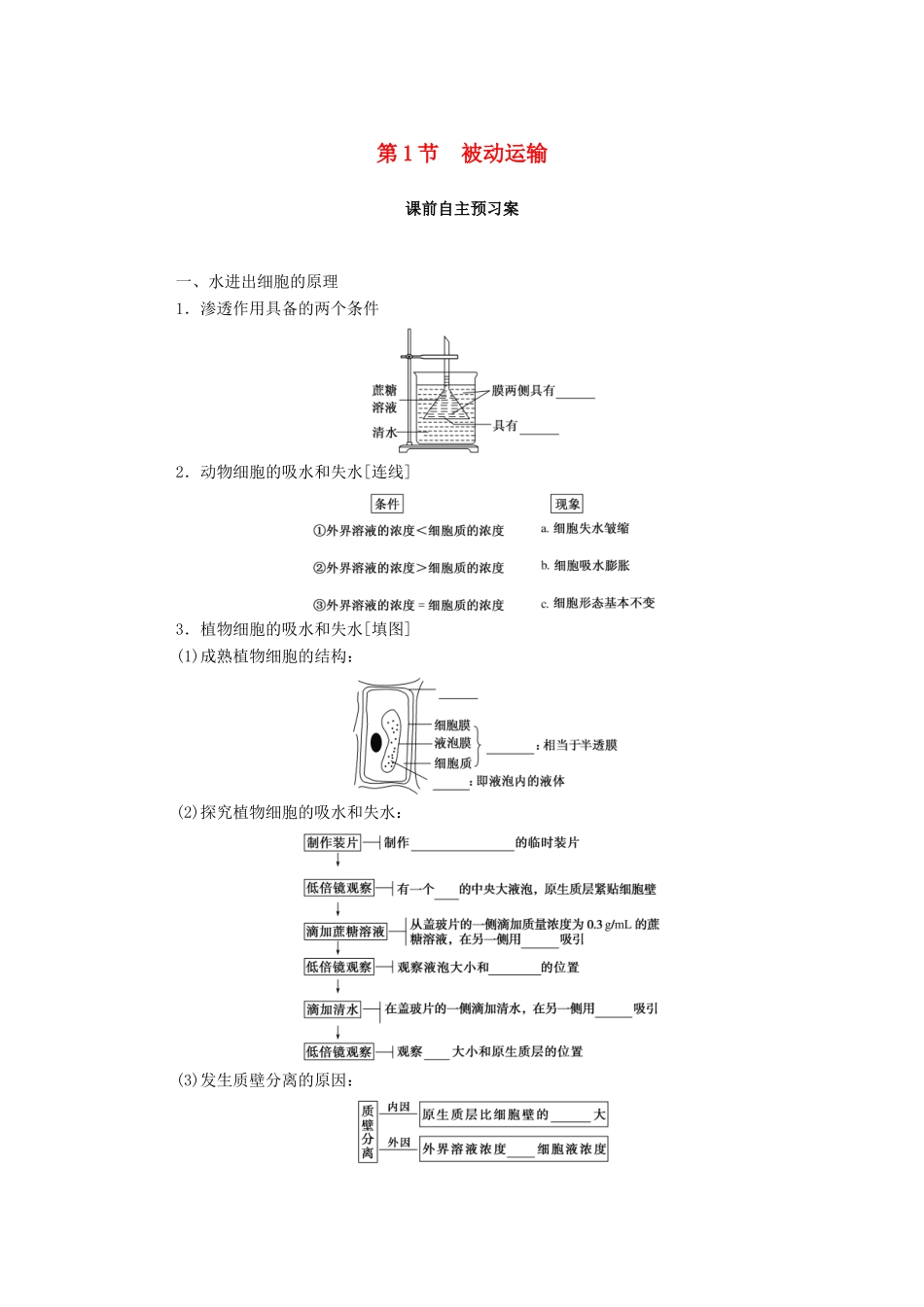 高中生物 第4章 细胞的物质输入和输出 第1节 被动运输学案 新人教版必修1-新人教版高一必修1生物学案_第1页