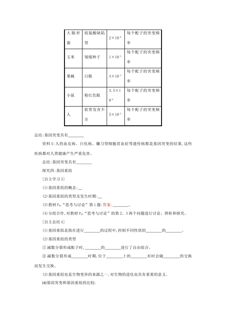 高中生物 5.1 基因突变和基因重组学案设计 新人教版必修2-新人教版高一必修2生物学案_第3页