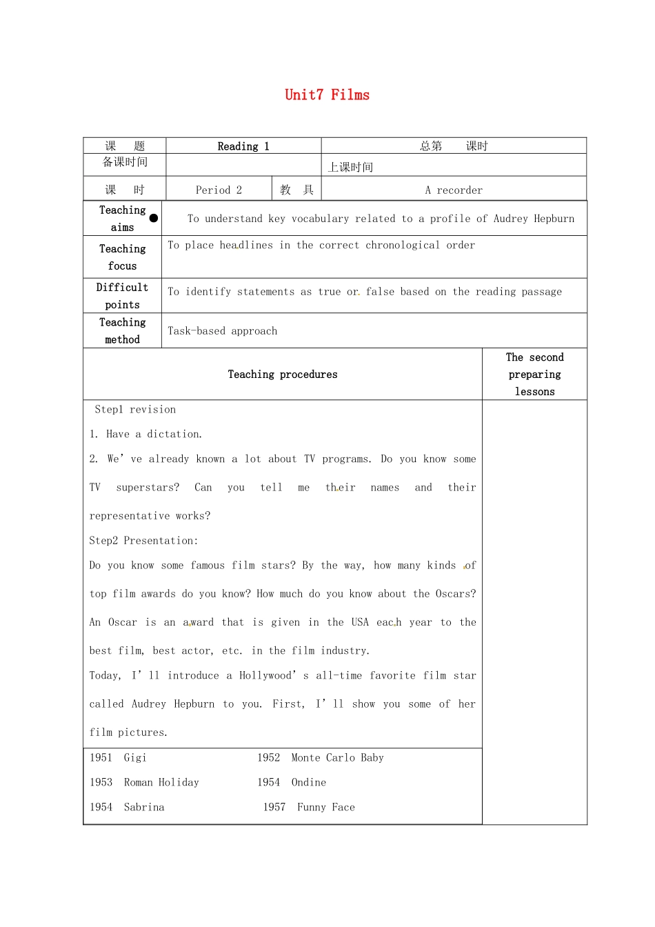 九年级英语上册 Unit 7 Films Reading 1教案 （新版）牛津版-（新版）牛津版初中九年级上册英语教案_第1页