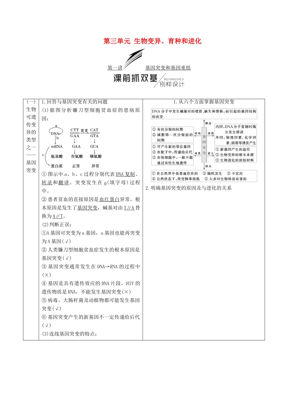 （江苏专版）高考生物一轮复习 第二部分 遗传与进化 第三单元 生物变异、育种和进化学案-人教版高三全册生物学案_第1页