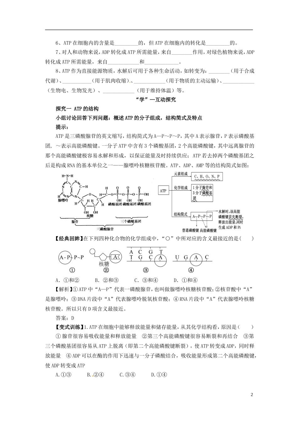 高中生物 5.2 细胞的能量“通货 ” ATP学案 新人教版必修1_第2页