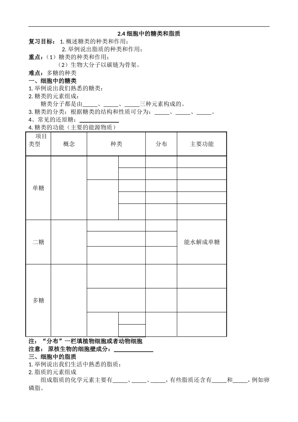 高考生物一轮复习教学案：细胞中的糖类和脂质_第1页