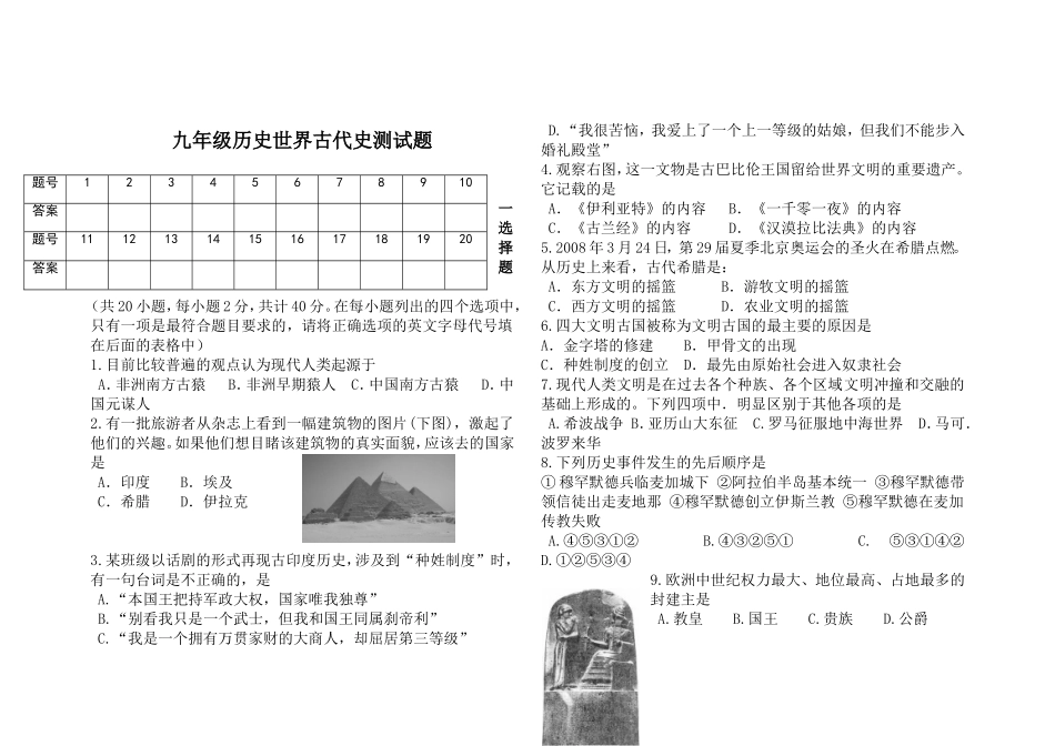 九年级历史世界古代史测试题_第1页