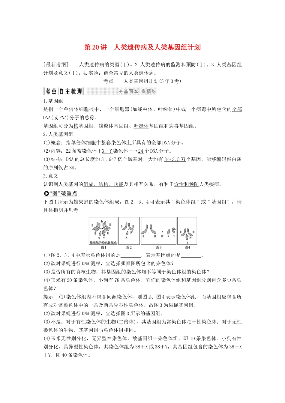 高考生物一轮复习 第八单元 第20讲 人类遗传病及人类基因组计划学案 中图版必修2-中图版高三必修2生物学案_第1页