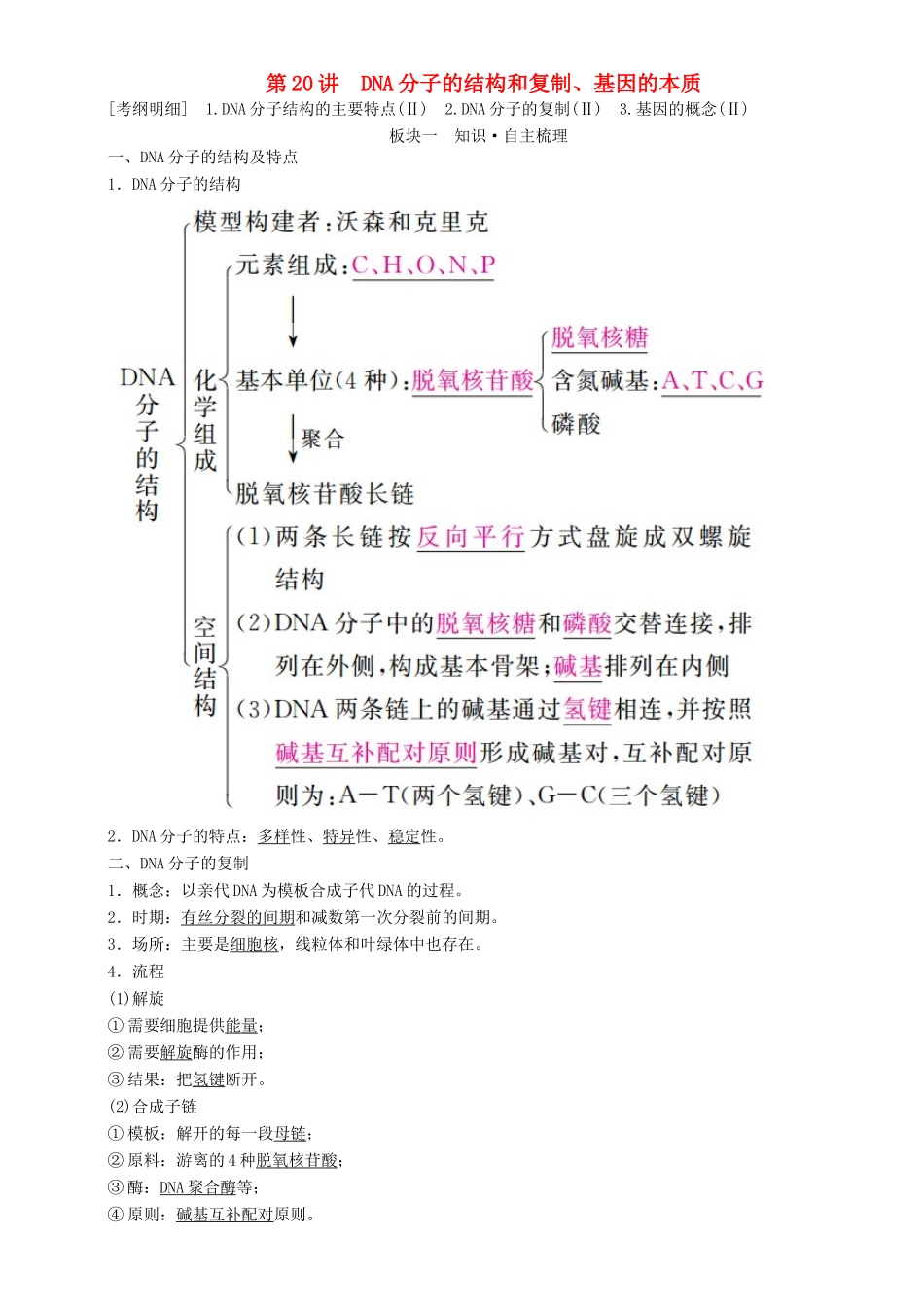 高考生物一轮复习 第20讲 DNA分子的结构和复制、基因的本质讲练结合学案-人教版高三全册生物学案_第1页