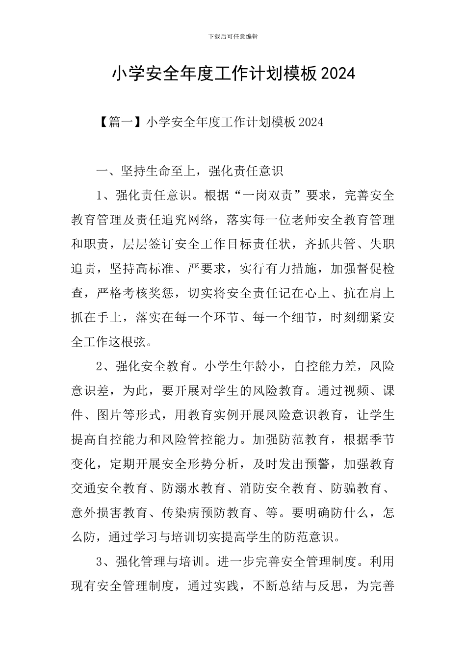 小学安全年度工作计划模板2024_第1页