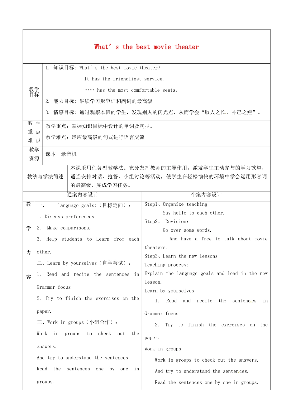 七年级英语上册 Unit 8 What’s the best movie theatre教案3 鲁教版五四制-鲁教版五四制初中七年级上册英语教案_第1页