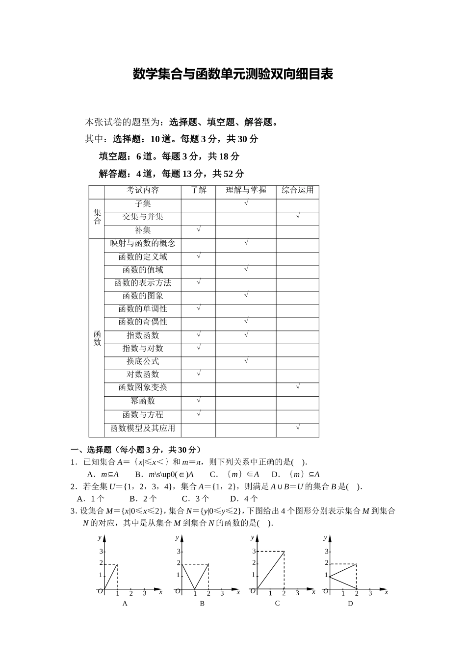 集合与函数单元测验双向细目表_第1页