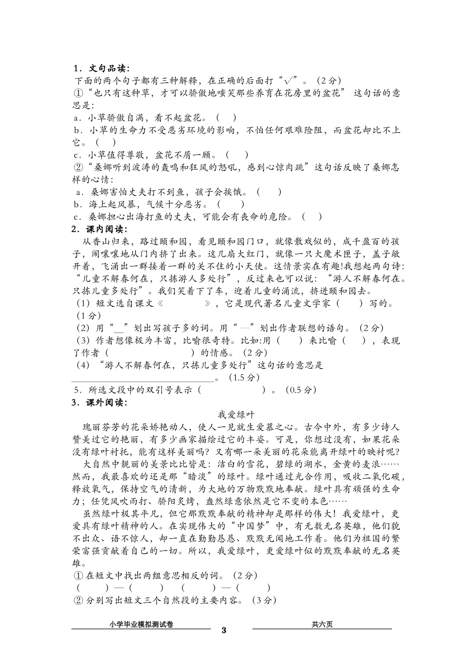金顺小学毕业模拟检测卷_第3页
