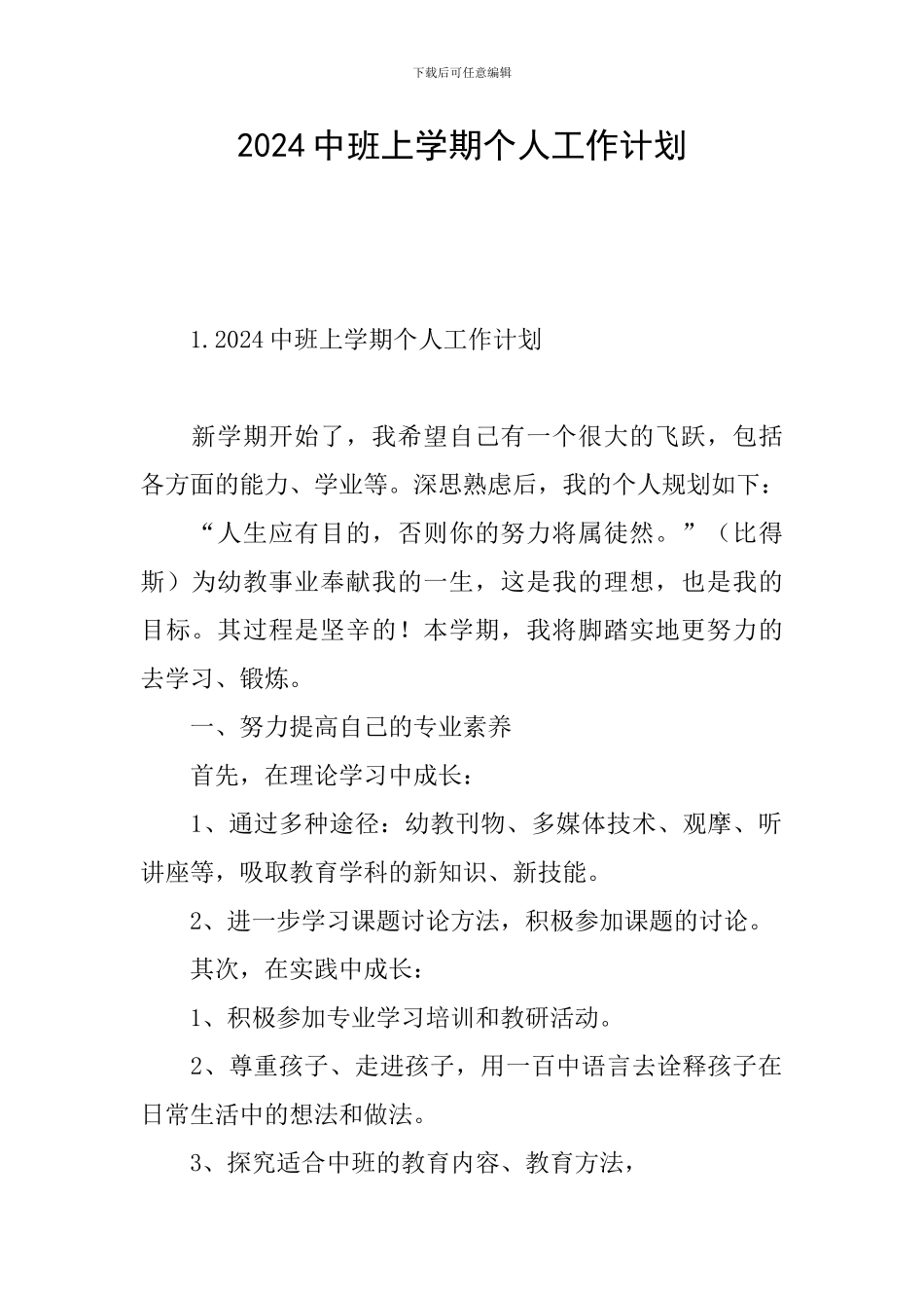 2024中班上学期个人工作计划_第1页