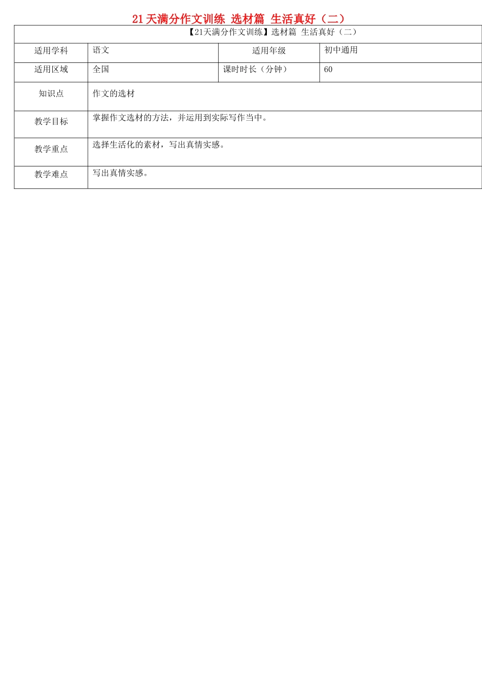 中考语文专题复习 21天满分作文训练 选材篇 生活真好（二）教案-人教版初中九年级全册语文教案_第1页