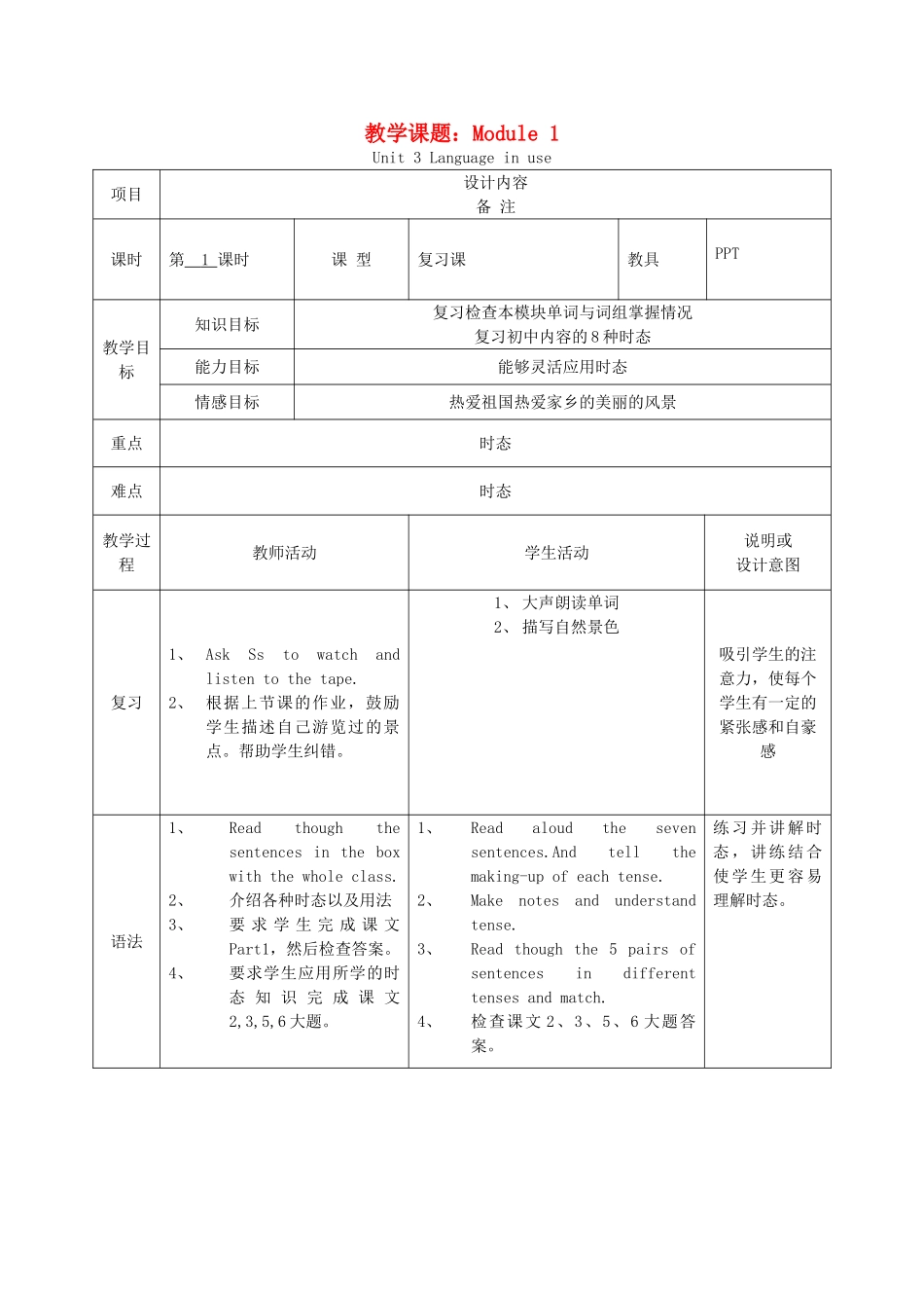 学年九年级英语上册 Module 1 Wonders of the world Unit 3 Language in use教案 （新版）外研版-（新版）外研版初中九年级上册英语教案_第1页