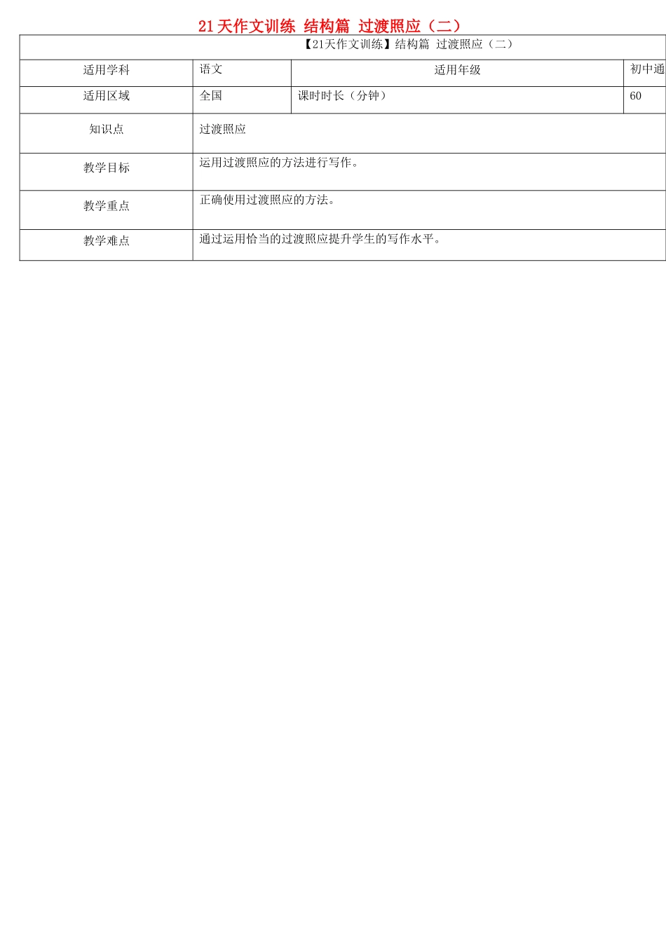 中考语文专题复习 21天作文训练 结构篇 过渡照应（二）教案-人教版初中九年级全册语文教案_第1页