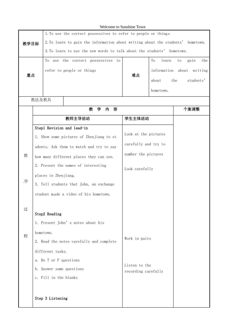 七年级英语下册 Unit 3 Welcome to Sunshine Town Task教案 （新版）牛津版-（新版）牛津版初中七年级下册英语教案_第1页
