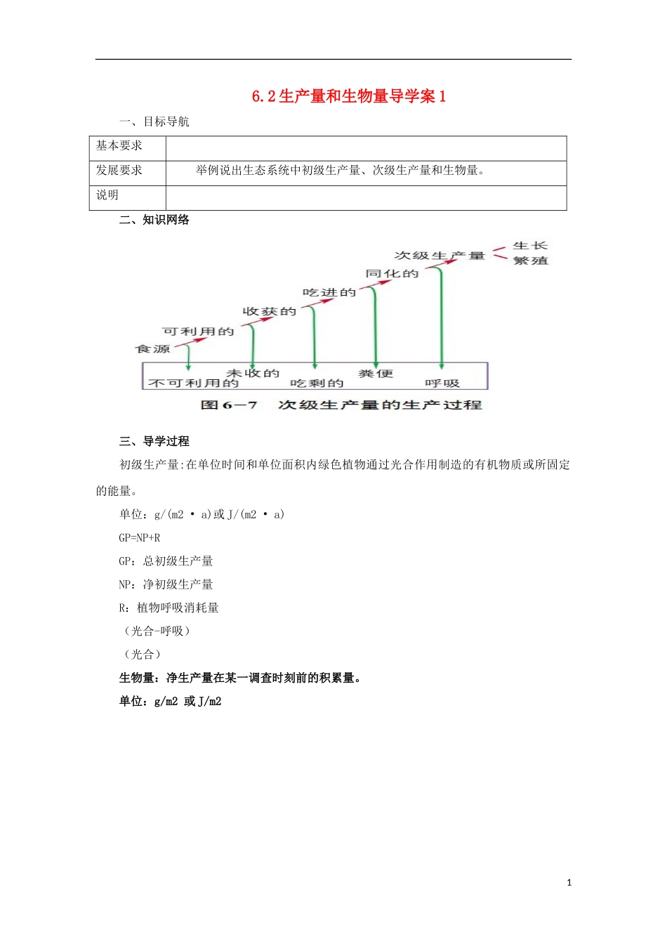 高中生物 6.2 生产量和生物量导学案 浙科版必修3_第1页