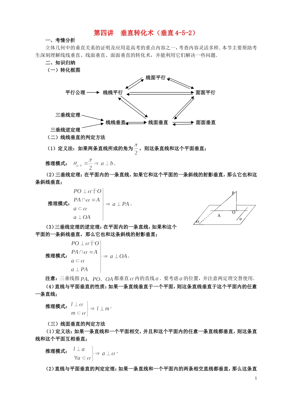 高三数学一轮复习 第4讲 垂直转化术教案-人教版高三全册数学教案_第1页