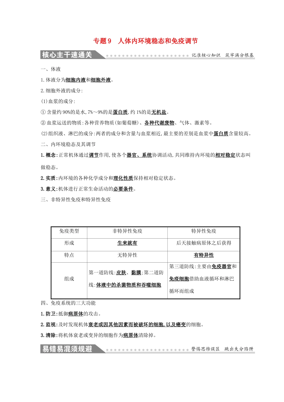 高考生物二轮复习 专题九 人体内环境稳态和免疫调节自查学案-人教版高三全册生物学案_第1页