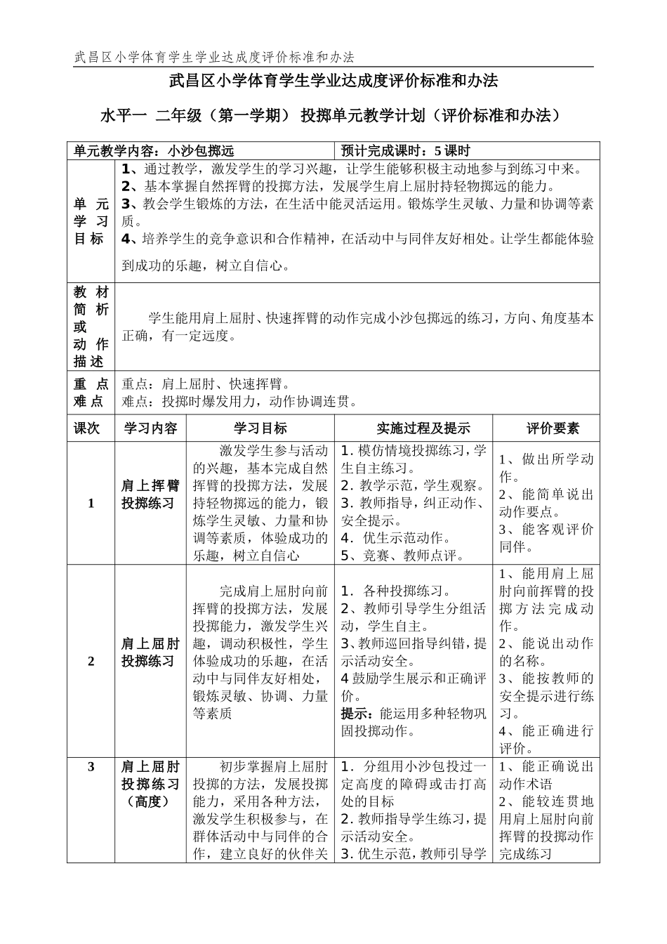水平一二年级投掷单元计划_第1页
