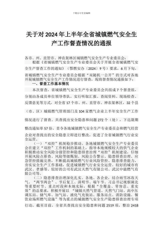 关于对2024年上半年全省城镇燃气安全生产工作督查情况的通报