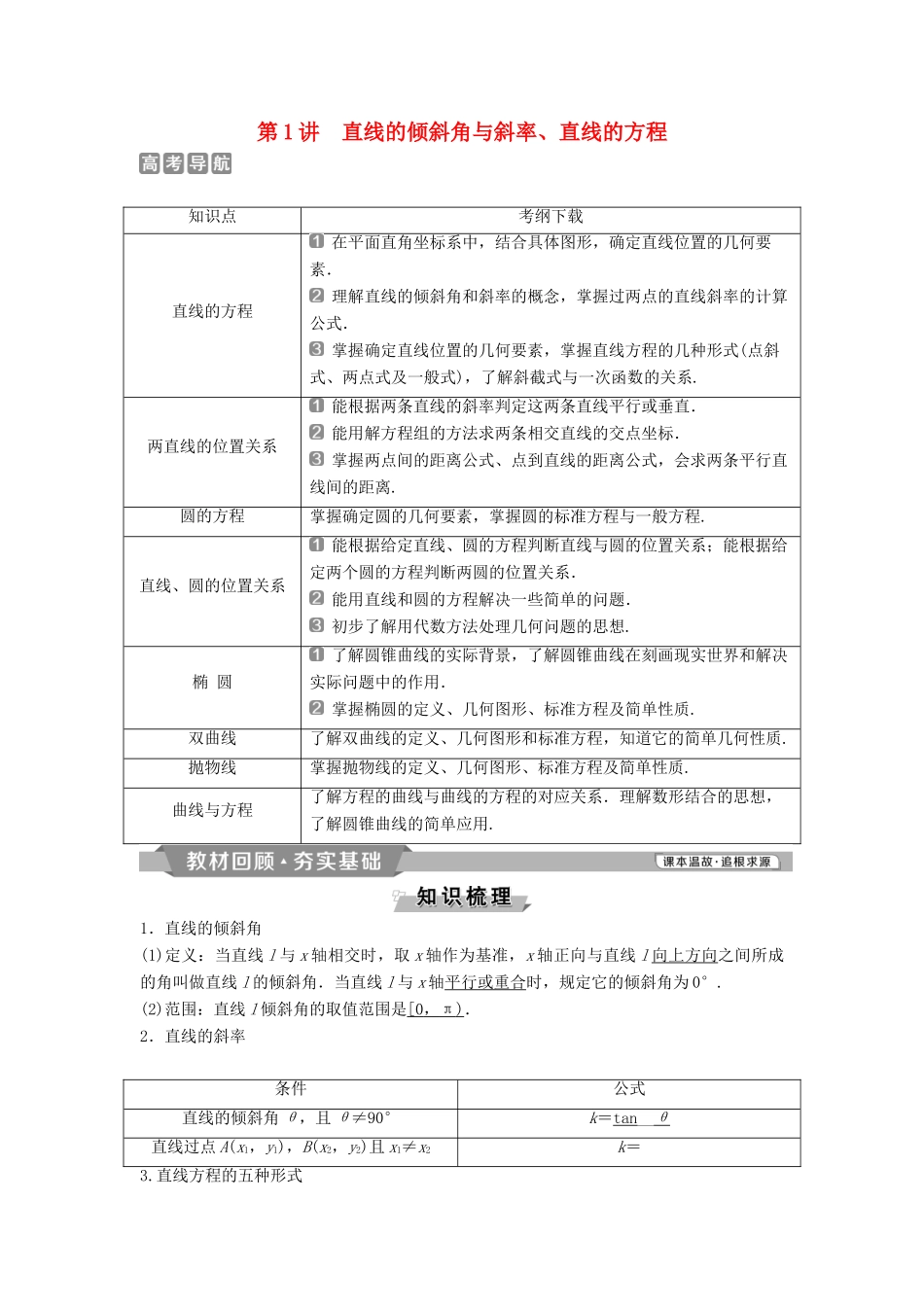 （通用版）高考数学一轮复习 第9章 平面解析几何 1 第1讲 直线的倾斜角与斜率、直线的方程教案 理-人教版高三全册数学教案_第1页