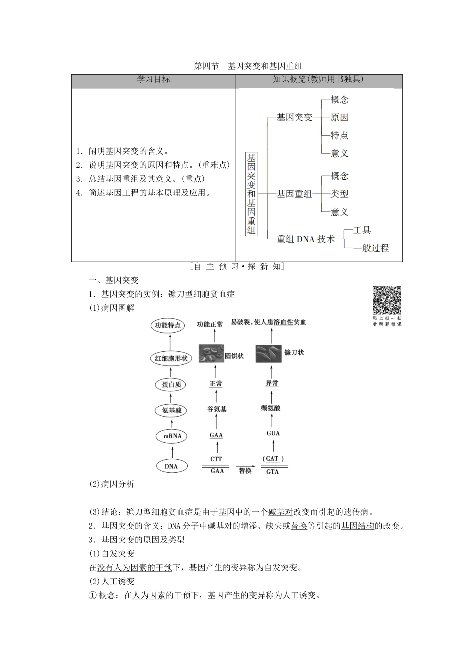 高中生物 第4章 遗传的分子基础 第4节 基因突变和基因重组学案 苏教版必修2-苏教版高一必修2生物学案_第1页