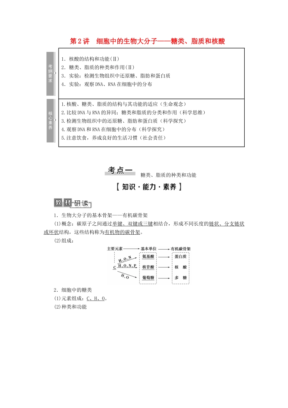 高考生物一轮复习 第1单元 细胞的化学组成 第2讲 细胞中的生物大分子——糖类、脂质和核酸学案 苏教版必修1-苏教版高三必修1生物学案_第1页