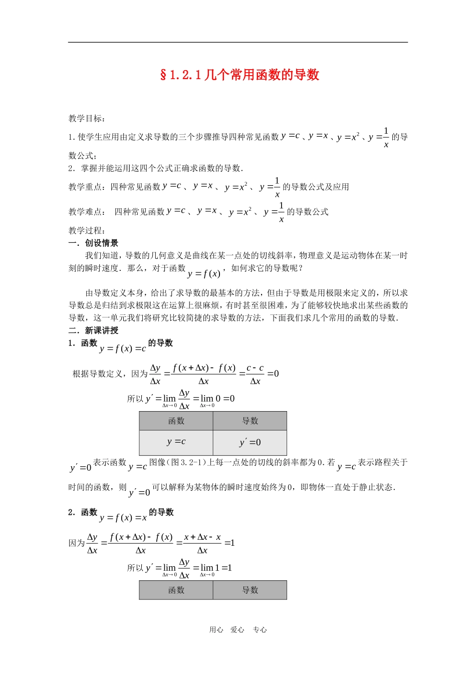 高三数学1.2.1几个常用函数的导数教案_第1页