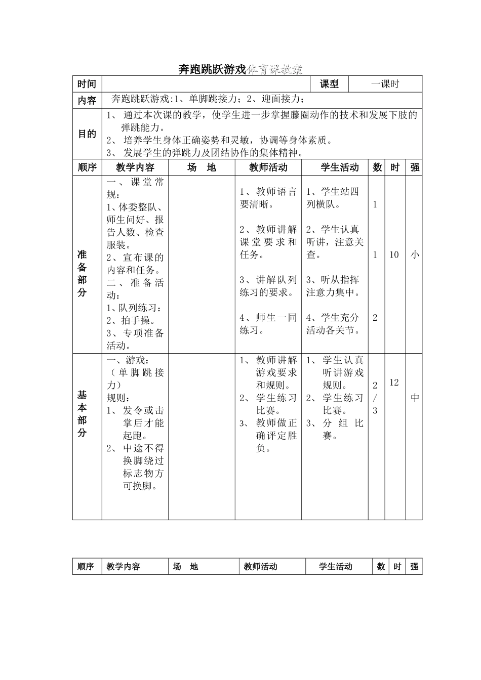 奔跑跳跃游戏体育课教案_第1页