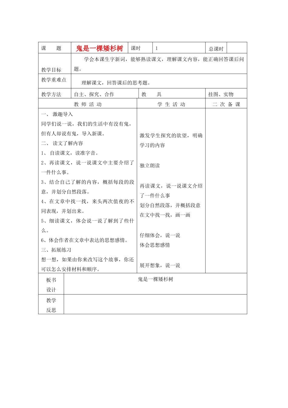 春五年级语文下册《鬼是一棵矮杉树》教案2 北师大版-北师大版小学五年级下册语文教案_第1页