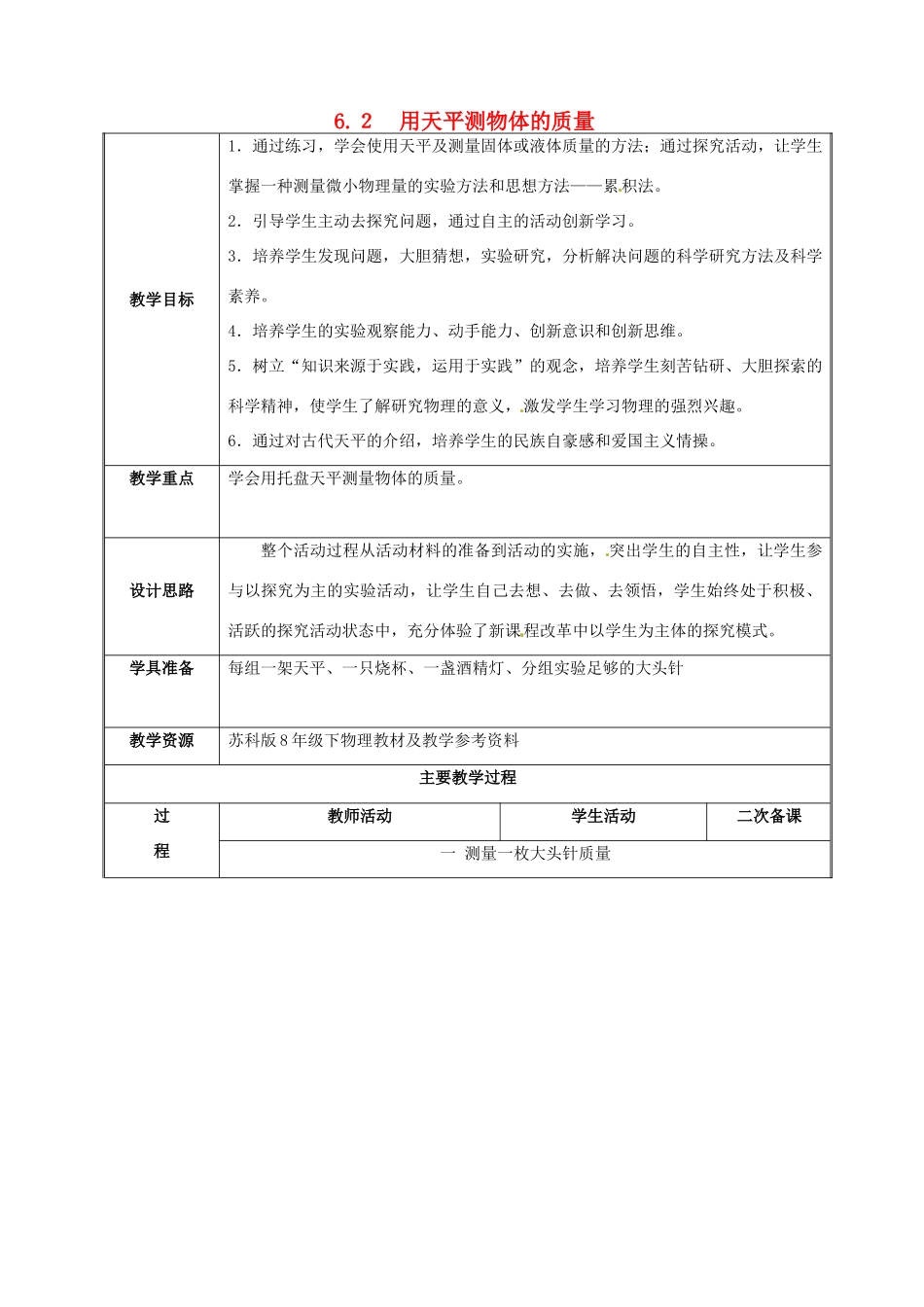 八年级物理下册 6.2 测量物体的质量教案 （新版）苏科版-（新版）苏科版初中八年级下册物理教案_第1页