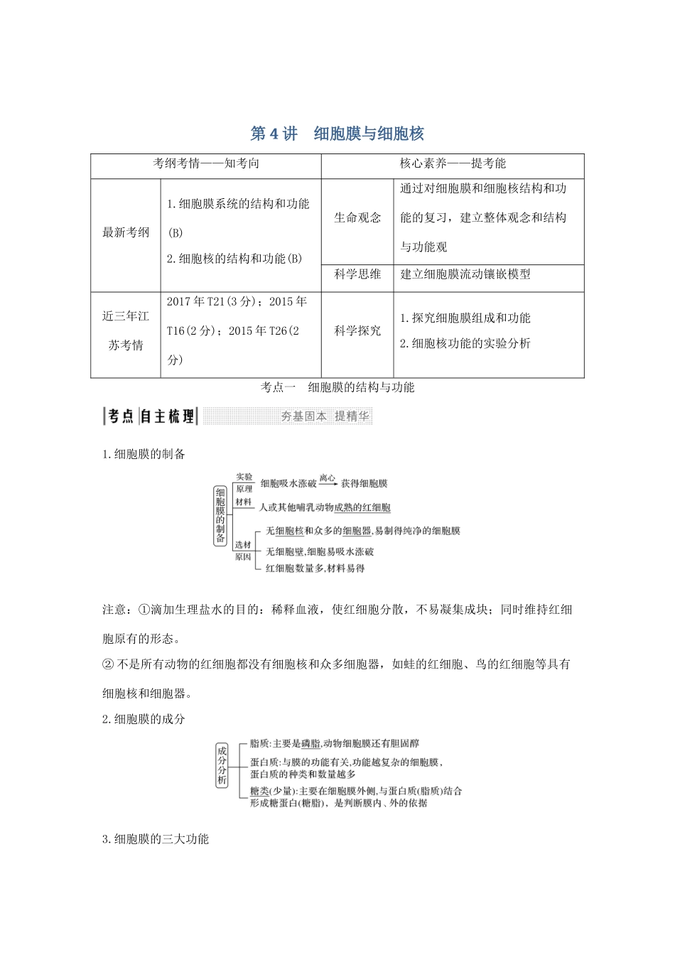 （江苏专用）新高考生物 第二单元 细胞的基本结构与物质运输 第4讲 细胞膜与细胞核学案-人教版高三全册生物学案_第1页