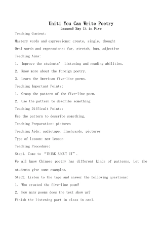 九年级英语下册Unit1 You Can Write Poetry Lesson6 Say It in Five冀教版