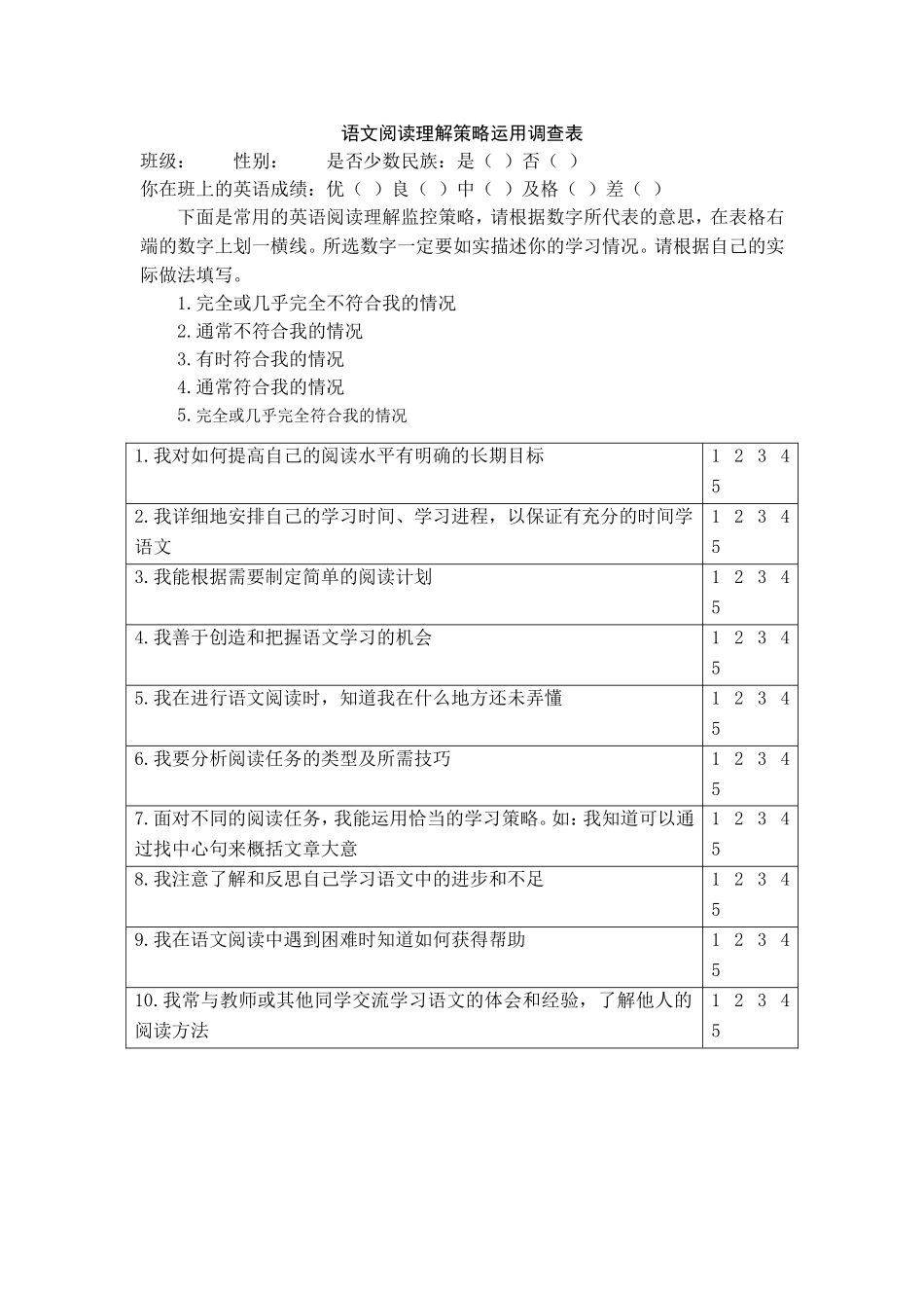 语文阅读理解策略运用调查表_第1页