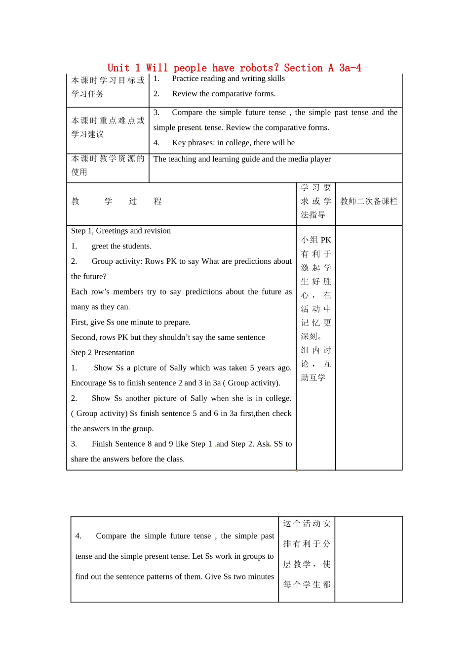 安徽省灵璧中学八年级英语上册 Unit 1 Will people have robots？Section A 3a-4教案 鲁教版_第1页