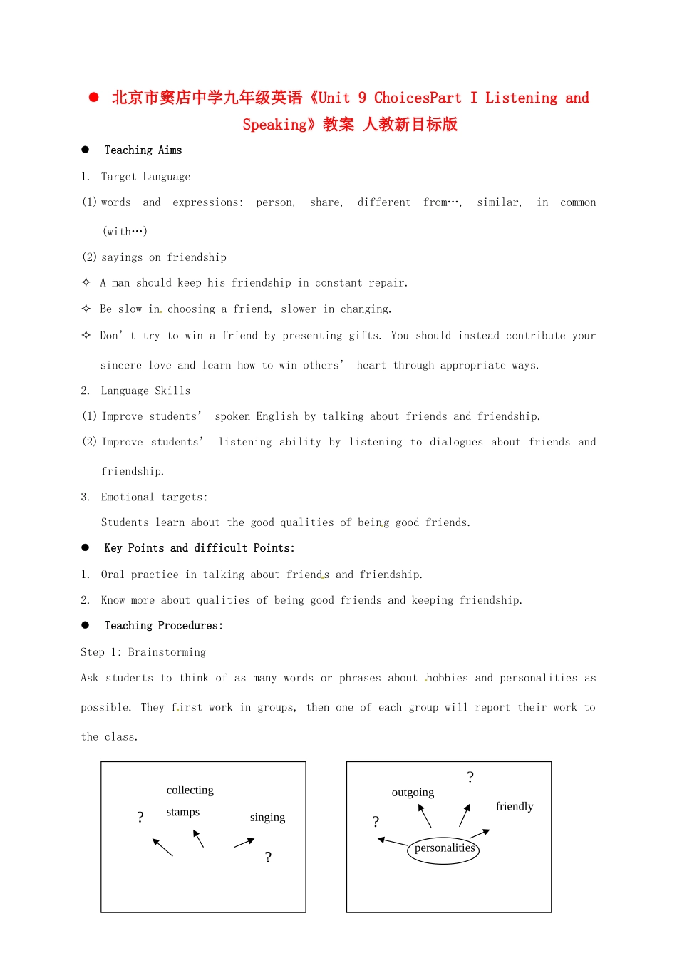 北京市窦店中学九年级英语《Unit 9 ChoicesPart I Listening and Speaking》教案 人教新目标版_第1页