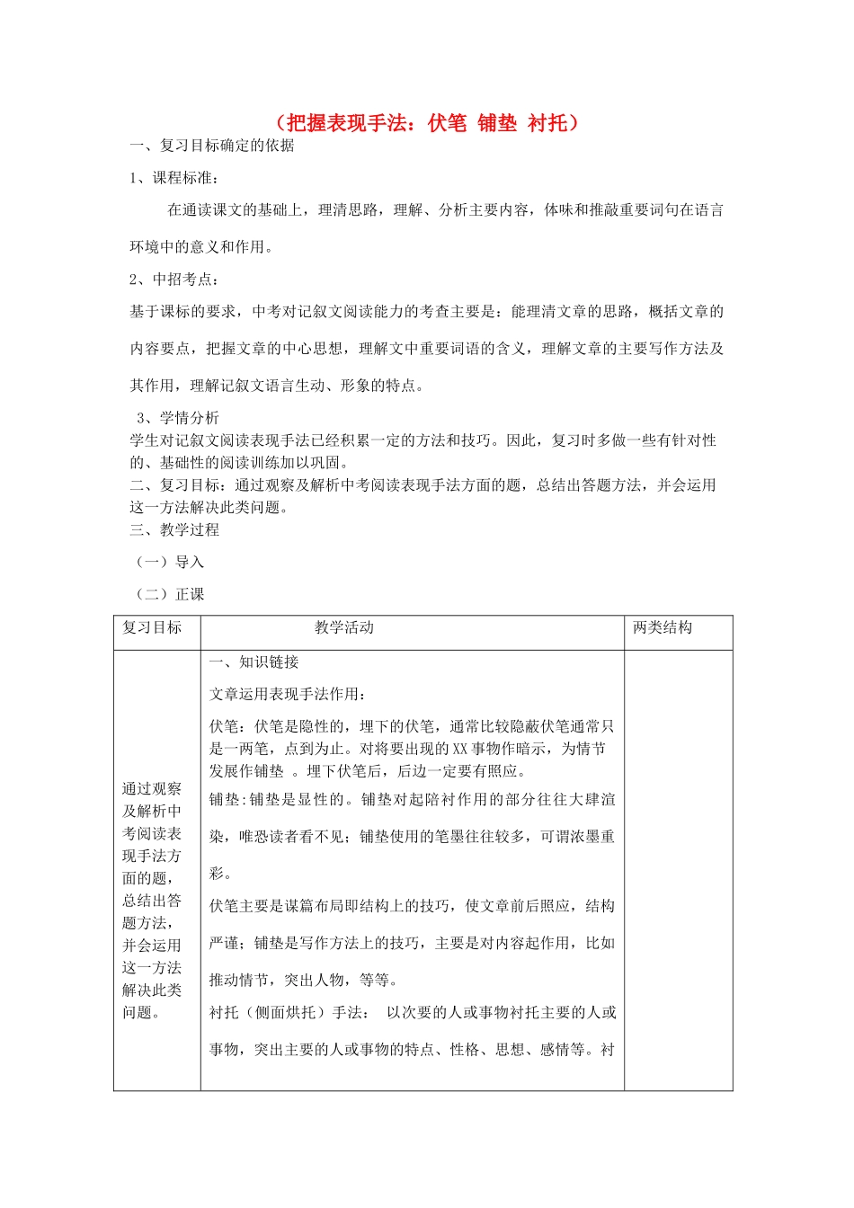 中考语文 专题复习三 记叙文阅读 表现手法（铺垫伏笔衬托）教案-人教版初中九年级全册语文教案_第1页