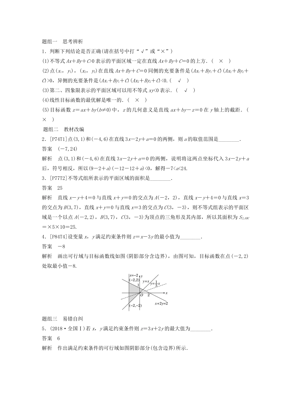 （江苏专用）高考数学大一轮复习 第七章 不等式、推理与证明、数学归纳法 7.3 二元一次不等式(组)与简单的线性规划问题教案（含解析）-人教版高三全册数学教案_第2页