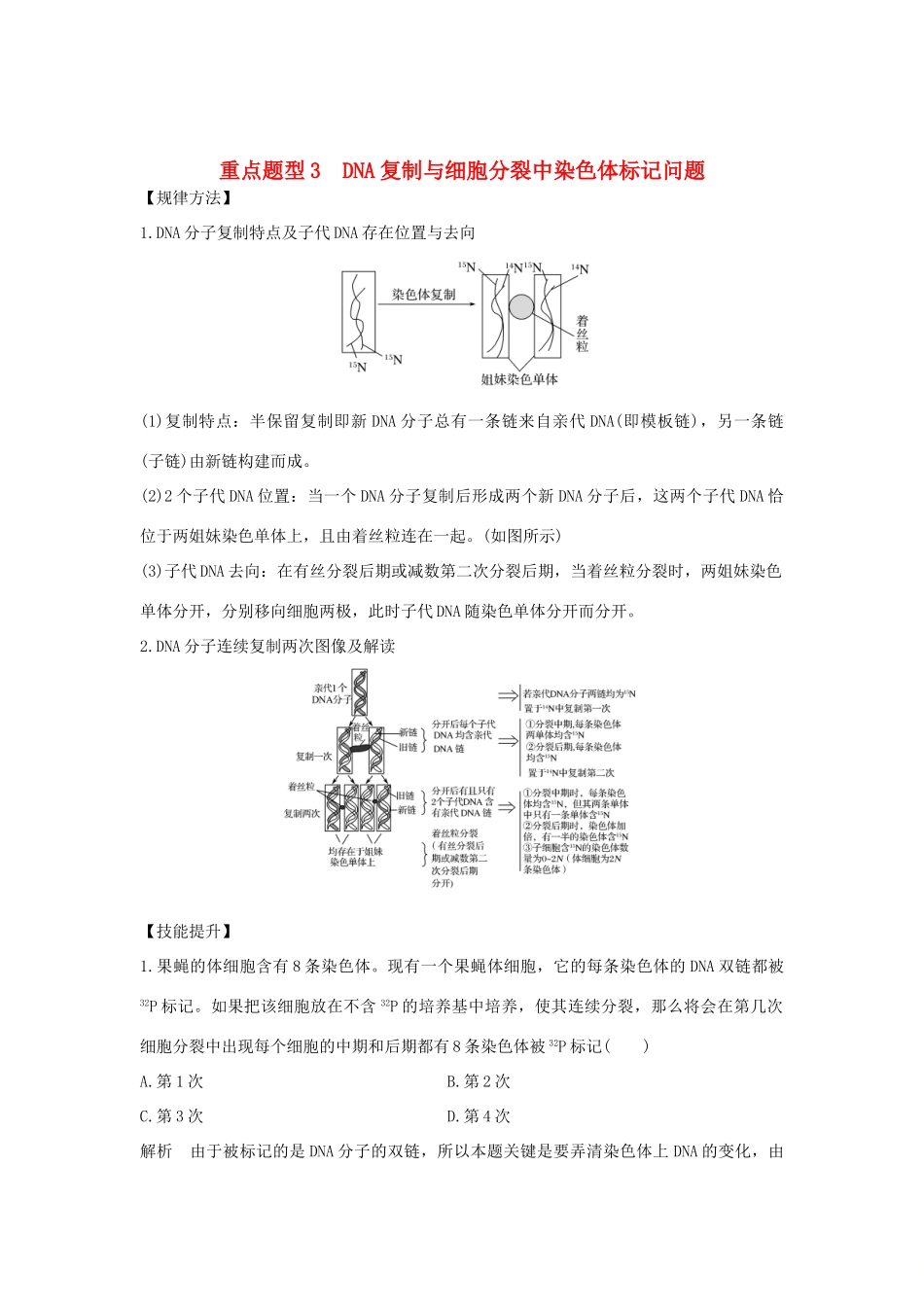高考生物总复习 第二部分 选择题必考五大专题 专题三 遗传的分子基础 重点题型3 DNA复制与细胞分裂中染色体标记问题学案-人教版高三全册生物学案_第1页