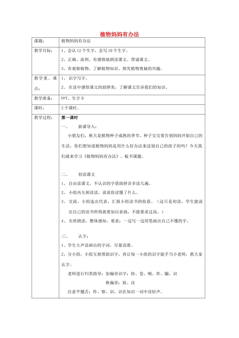 春二年级语文下册《植物妈妈有办法》教案 沪教版-沪教版小学二年级下册语文教案_第1页