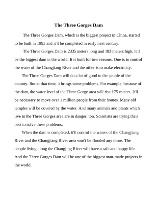 九年级英语Unit 2 Biggest, longest, widest文章 The Three Gorges Dam冀教版