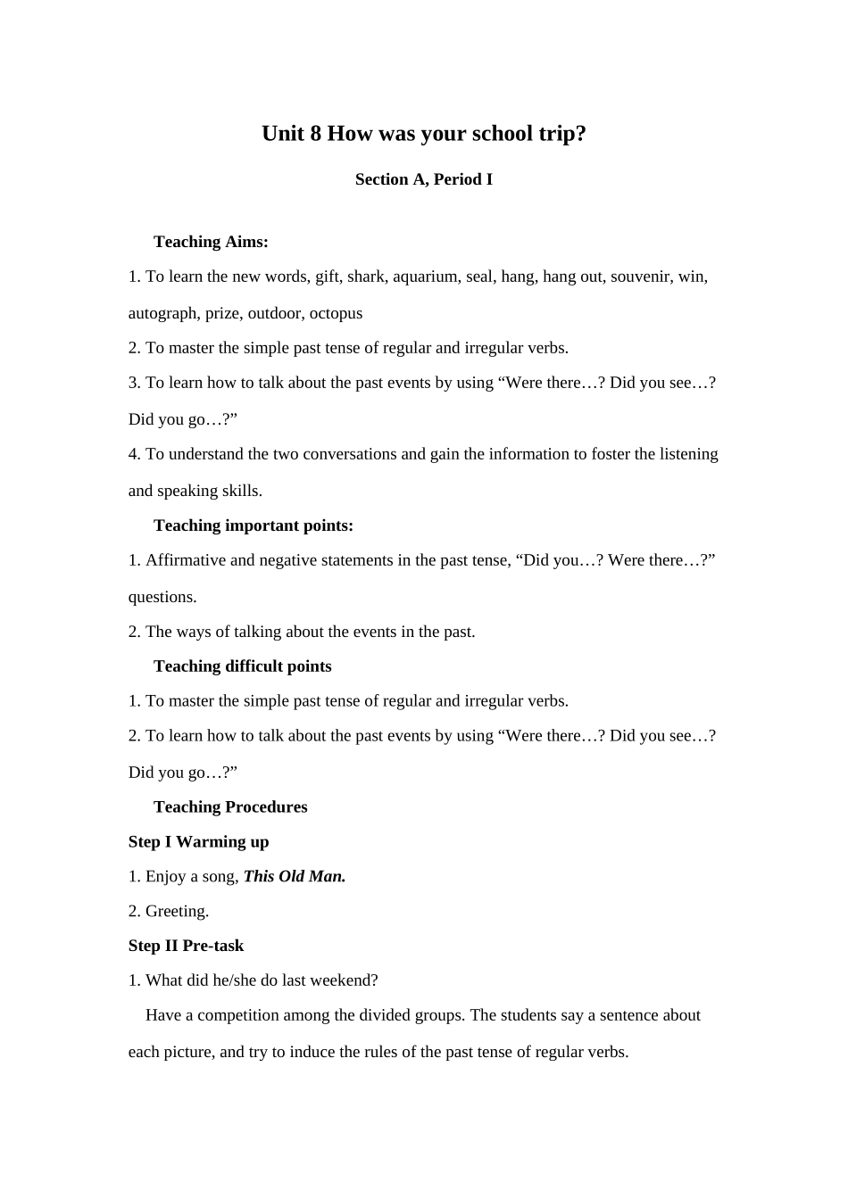 Unit 8 How was your school trip教案_第1页