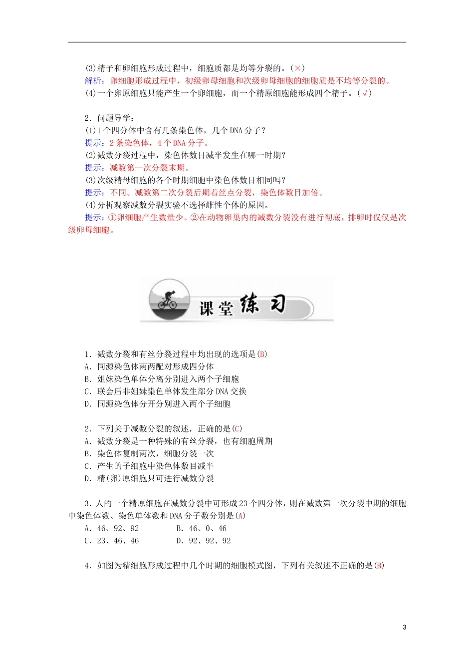 高中生物 第2章 第1节 减数分裂和受精作用 一、减数分裂学案 新人教版必修2-新人教版高一必修2生物学案_第3页