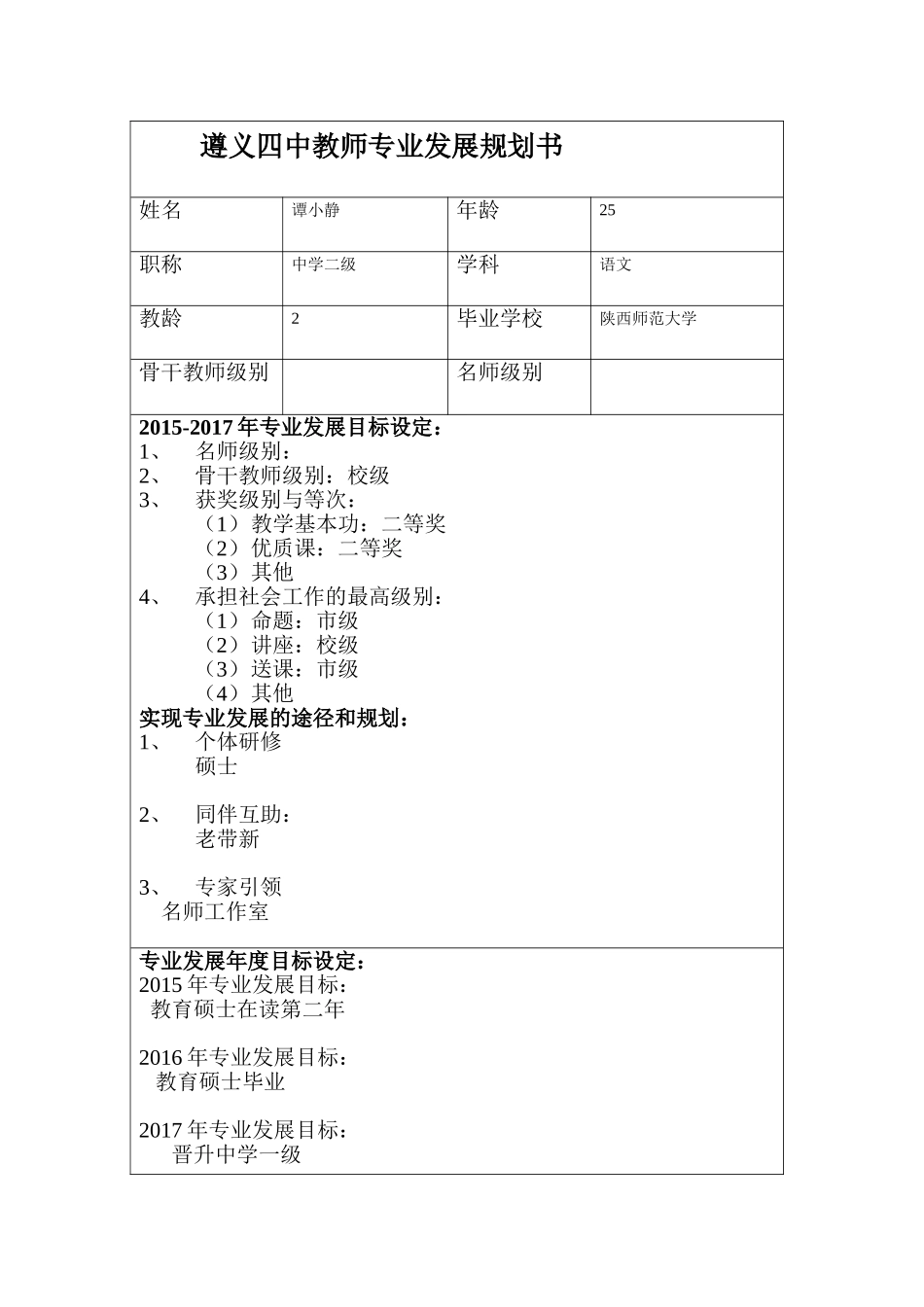谭小静---遵义四中教师专业发展规划书_第1页