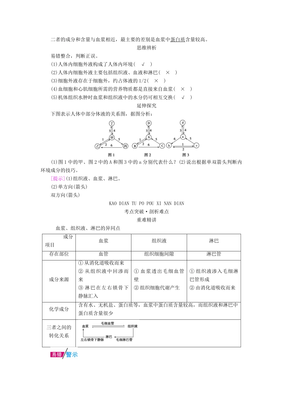 （新高考）高考生物一轮复习 选择性必修部分 模块1 稳态与调节 第1单元 生命活动的调节 第1讲 人体的内环境与稳态学案 新人教版-新人教版高三必修生物学案_第2页