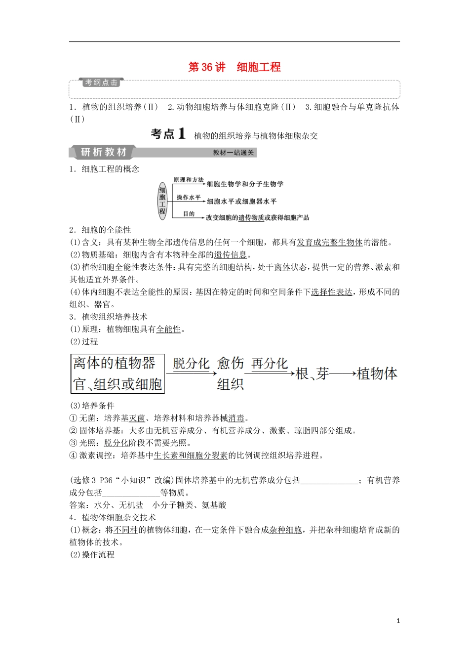 高考生物一轮复习 第十一单元 现代生物科技专题 第36讲 细胞工程学案-人教版高三全册生物学案_第1页