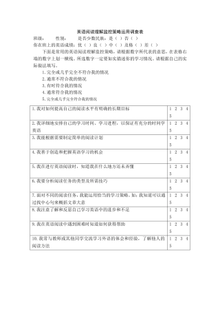 英语阅读理解监控策略运用调查表